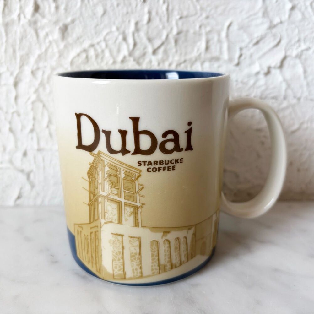 Dubai Starbucks Global Icon Mug 2015 Starbucks Coffee Cup 16 oz Tan Navy Blue